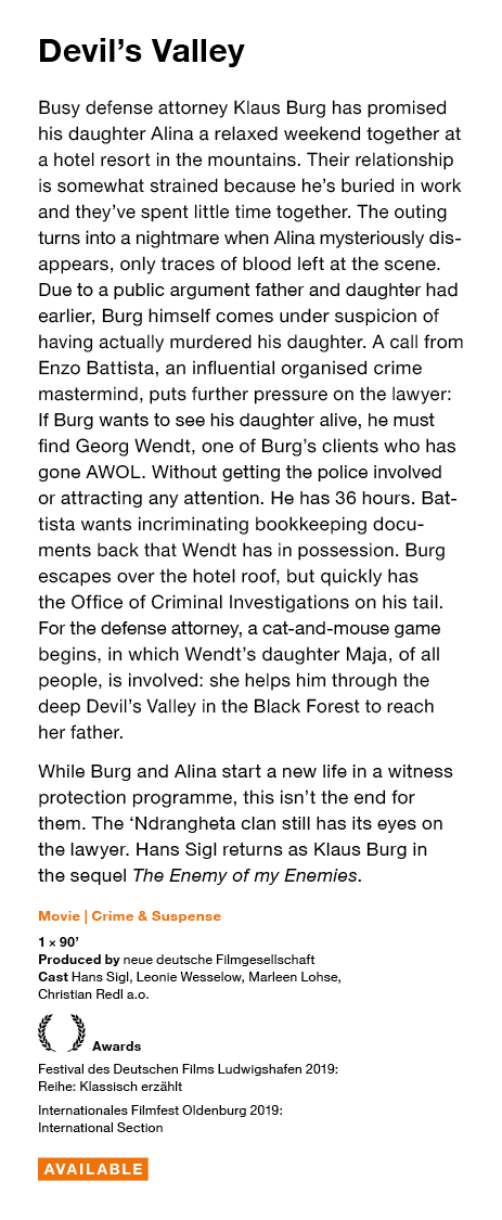 Devil s Valley Busy defense attorney Klaus Burg has promised his daughter Alina a relaxed weekend together at a hotel   