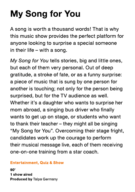 My Song for You A song is worth a thousand words   That is why this music show provides the perfect platform for anyo   