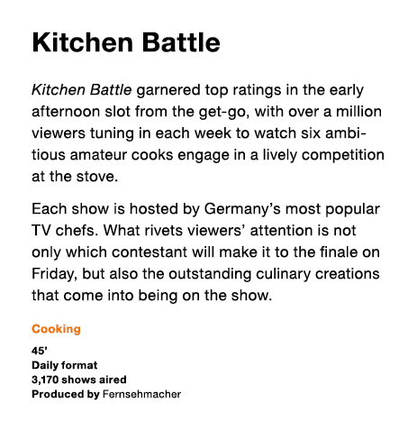 Kitchen Battle Kitchen Battle garnered top ratings in the early afternoon slot from the get-go, with over a million v   